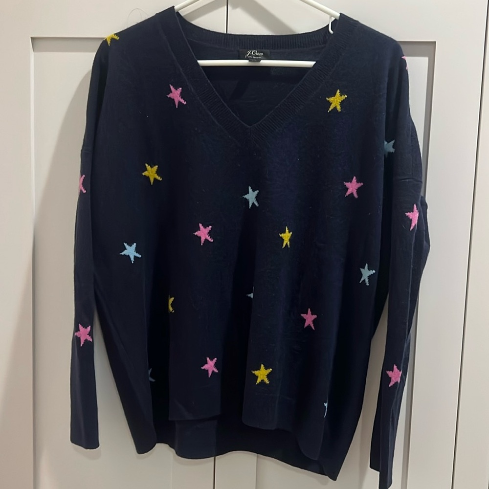 J Crew Cashmere V neck Sweater. Navy with Stars. XS